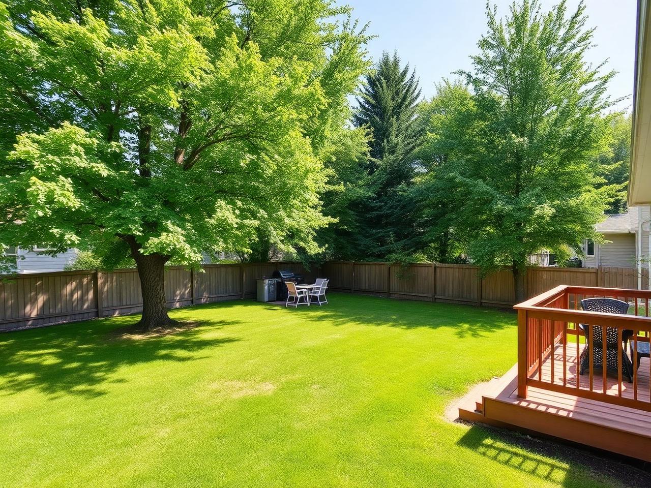 Spacious backyard with deck and mature trees