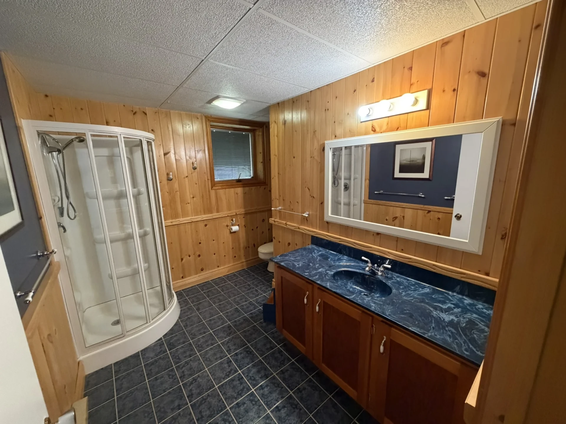 Wood-paneled bathroom with corner shower for the lower-level