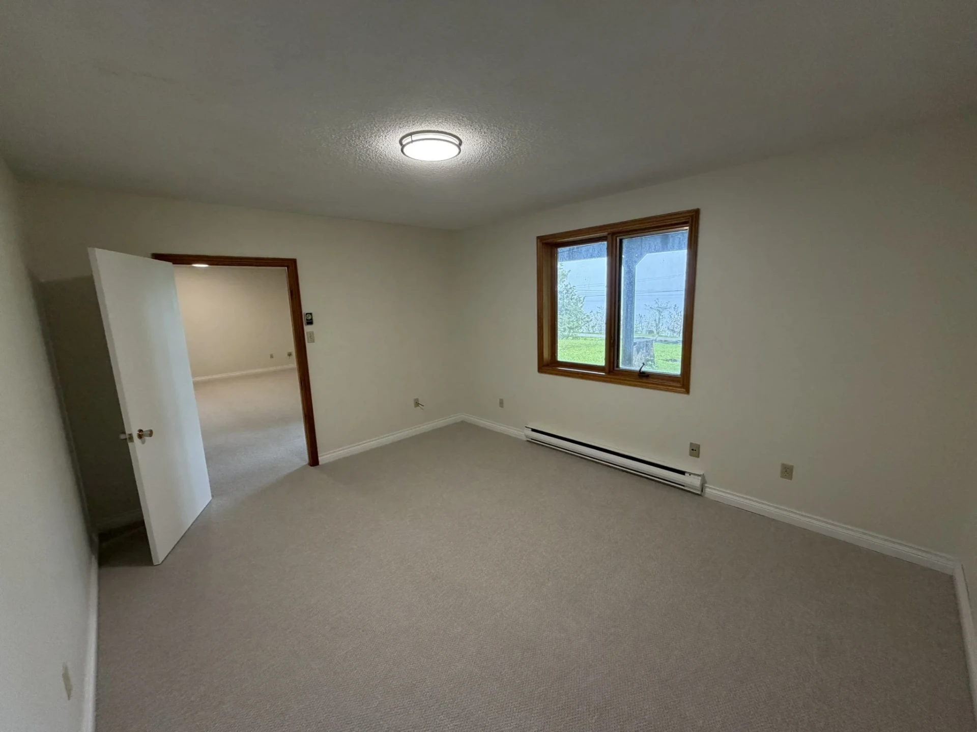 Lower-level office with neutral carpet and natural light