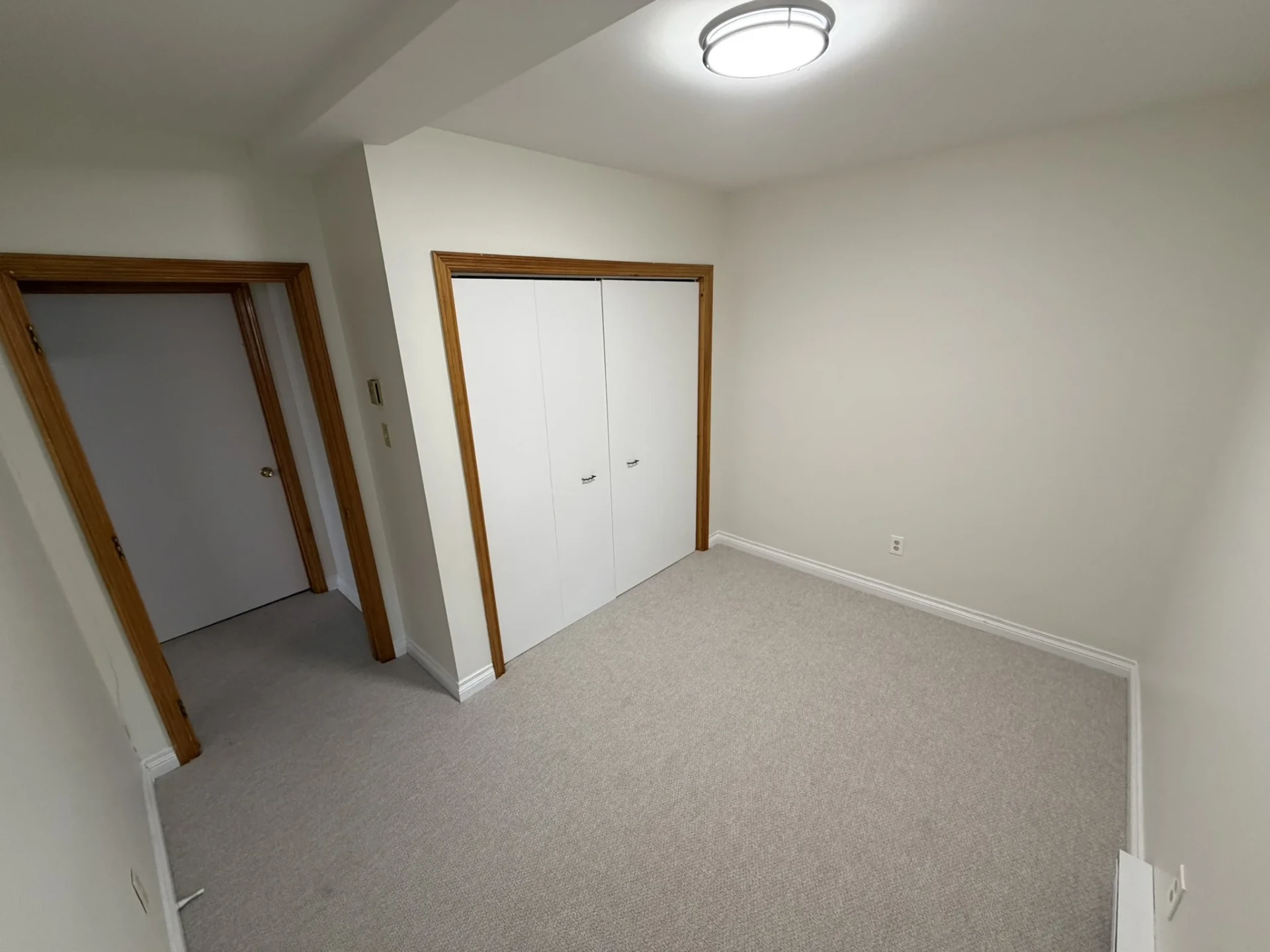 Lower-level bedroom with built-in double closet and soft carpet
