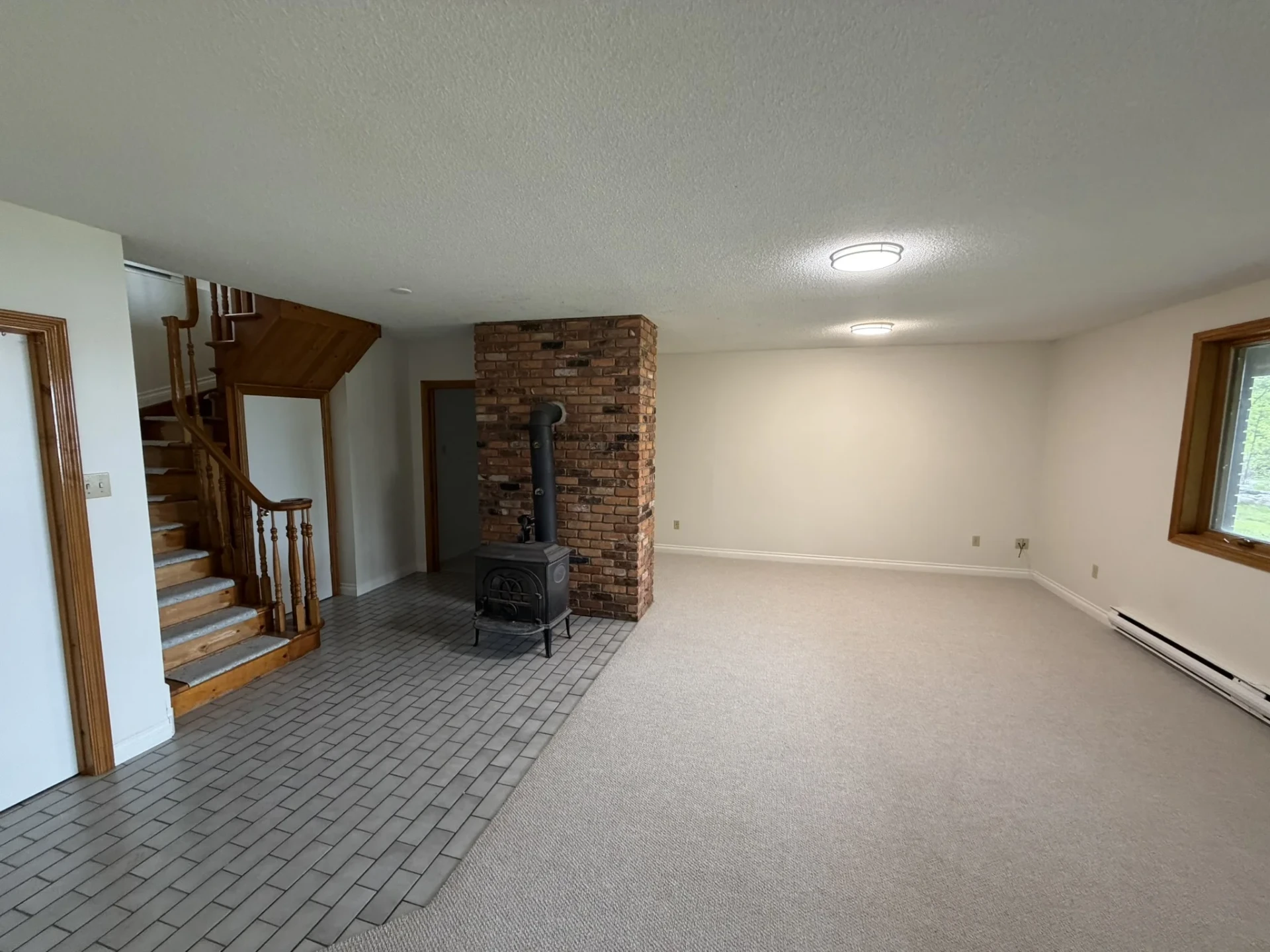 Lower-level rec room with wood stove and walkout