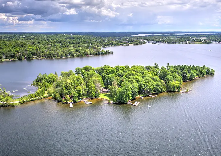 Aerial view of the Trent-Severn Waterway through the Kawartha Lakes
